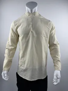Detailed view of cream-colored textured long-sleeved stand-collar casual shirt for men.