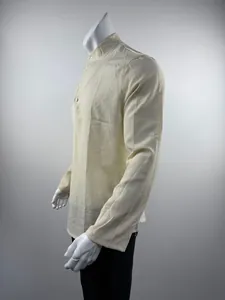 Detailed side view of a men's stand-collar long-sleeved shirt with fine textures