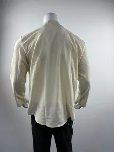 Detailed back view of a men's long sleeve stand collar shirt with fine seersucker texture