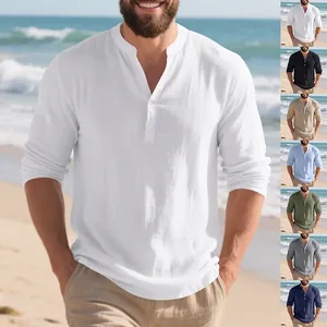 Herren Casual Leinenmischung Langarm Henley-Shirt Stehkragen Geknöpft Locker Atmungsaktiv Strandurlaub Top