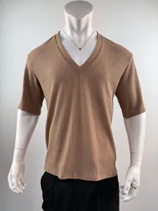 Men's brown V-neck ribbed knit T-shirt with mid-sleeves and casual loose fit