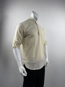 Side view of men's cream striped shirt with stand collar and rolled-up sleeves