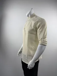 Side view detail of men's beige mandarin collar pinstripe seersucker casual shirt