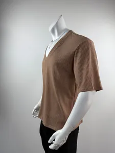 Detailed side view of a men's brown V-neck ribbed knit T-shirt with half sleeves