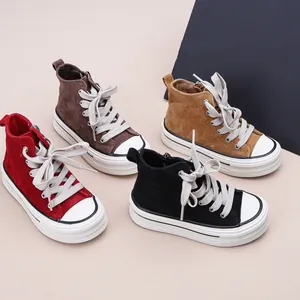 Baskets Montantes Mode Enfants Automne Printemps Chaussures Toile Plates Antidérapantes en Suédine avec Fermeture Éclair