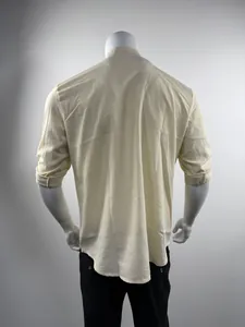 Back view of a beige men's stand collar checkered long sleeve shirt on a white mannequin