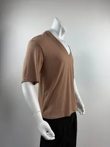 Side view detail of a men's brown ribbed knit T-shirt featuring a casual V-neck design