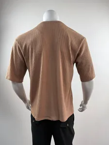 Detail showing back and texture of brown ribbed knit short sleeve casual T-shirt