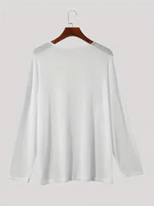 Back view of white ribbed long-sleeve loose fit T-shirt with drop shoulder detail