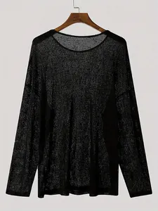 Black sheer round neck long sleeve top with dropped shoulders and loose casual fit