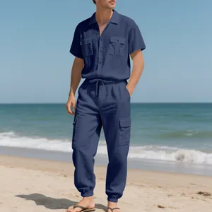 Conjunto de lino azul marino para hombre con camisa cargo de manga corta y pantalón largo