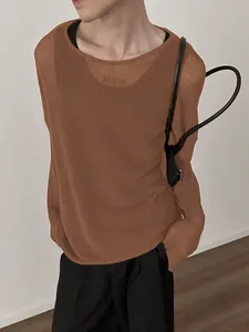 Men's Loose Crew Neck Drop Shoulder Long Sleeve T-Shirt Thin Breathable Polyester Top Casual Ribbed Knit Tee Solid Color