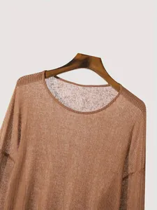 Detailed view of the round neck and drop shoulder on a loose brown long sleeve T-shirt