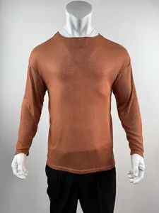 Front view of brown ribbed long sleeve t-shirt with drop shoulder design