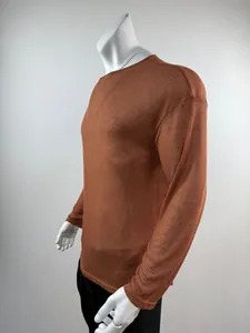 Side view of men's brown long-sleeve ribbed T-shirt with drop shoulders and round neck