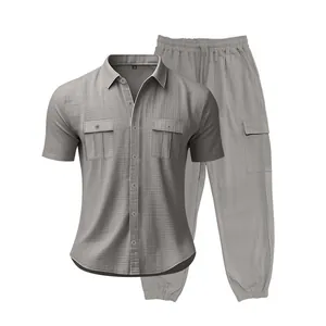 Conjunto de lino gris para hombre con camisa de manga corta y pantalón tipo jogger