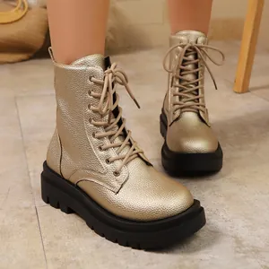 Botas Martin para Mujer Plataforma Oro Metálico Cuero de PU Cordones Estilo Británico Punta Redonda Suola Gruesa Moda Otoño Invierno Botines