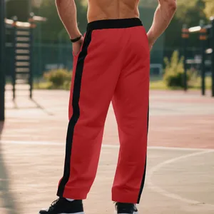 Men's heavy fleece sweatpants in red and black, loose fit casual joggers for outdoors