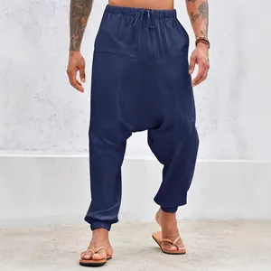 Herren Baumwoll-Leinen Haremshose Lockere Passform Tiefer Schritt Jogginghose Kordelzug Taille Einfarbig Lässig Sommerhose