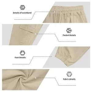 Detalles de pantalones cargo de lino para hombre con cintura, bolsillos y tela