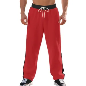 Men's heavy French terry wide-leg sweatpants in red with black side stripes