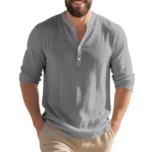 Men's casual long sleeve grey linen Henley shirt with mandarin collar and button front.