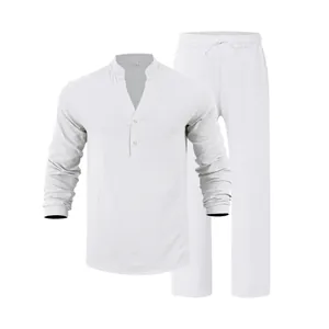 Set camicia Henley in lino bianco da uomo con pantaloni coordinati vestibilità relax