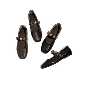 Elegant French Mary Jane flat shoes with decorative metal buckle straps in black and brown