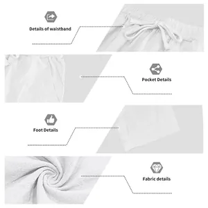 Detailansichten der weißen Leinenhose mit Bund, Taschen, Saum und Stoffstruktur