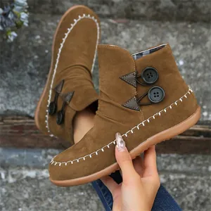 Detail view of brown suede ankle boots with white stitching and button accents.