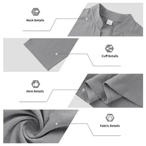 Detail views of a gray linen Henley shirt showing neck, cuffs, hem and fabric texture