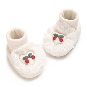 Soft newborn baby girl sock shoes with white lace ruffles and cute cherry embroidery