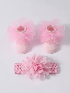 Lindo conjunto de calcetines para bebé princesa rosa y diadema de flores con encaje