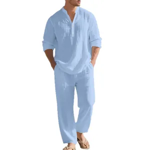 Men's casual light blue linen 2-piece set including long sleeve Henry shirt and pants