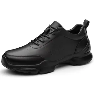 Men Business Casual Leather Shoes Top Layer Cowhide Hidden Height Increase Lightweight Walking Shoes Fashion Black Lace Up Sneakers