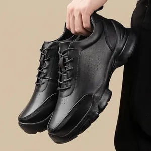Premium men's black business casual leather sneakers with height increasing thick sole