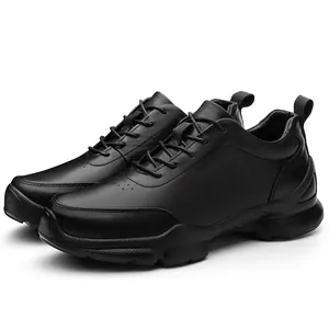 Men's black casual leather elevator shoes with breathable design and lightweight walking sole.