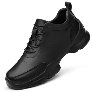 Men's black business casual leather shoes with hidden heel and breathable design.