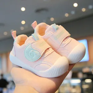 Soft and breathable pink mesh baby walking shoes with non-slip soles for toddlers