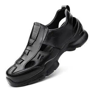 Chaussures de randonnée aquatique pour homme en cuir noir respirant, design ajouré