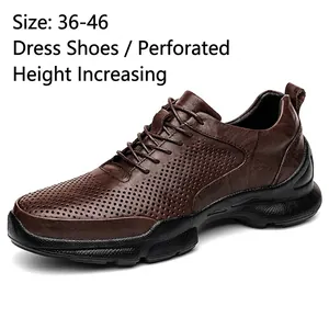 Men's Outdoor Walking Shoes Top Grain Cowhide Leather Hollow Breathable Non-slip Wear-resistant Height Increasing Business Casual Sneakers