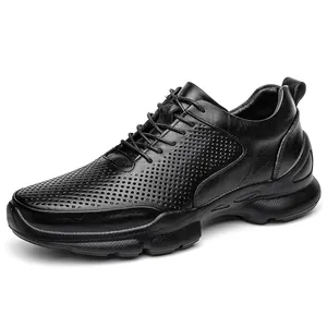 Black breathable men's hollow-out walking shoes with durable non-slip soles