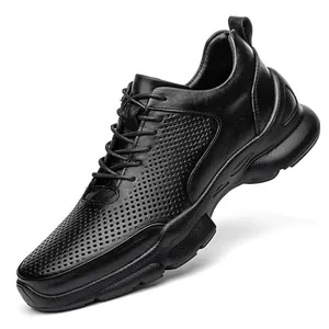 Men's breathable black outdoor walking shoes with hollow perforated design and non-slip sole