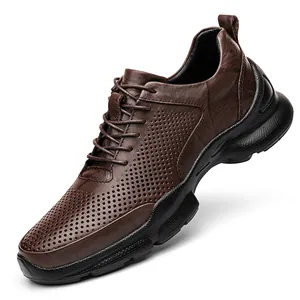 Brown breathable men's walking shoes with hollow design and a thick black sole.