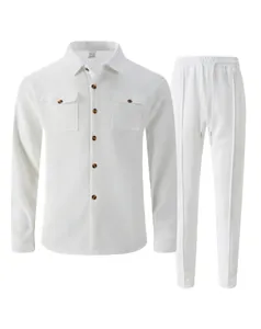 Conjunto de dos piezas de punto gofrado blanco, camisa de manga larga y pantalón largo