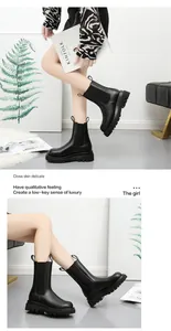 Detalle de botines Chelsea de cuero negro con suela de plataforma gruesa y diseño de punta redonda