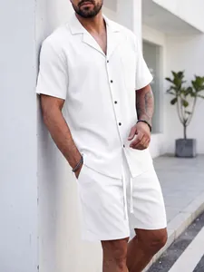 Men's summer casual white waffle knit short sleeve shirt and shorts set outfit details