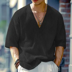 Men's European Casual V-Neck Ribbed Knit T-Shirt Half Sleeve Loose Fit Polyester Breathable Summer Knitwear Top L2388