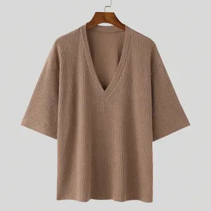 Loose fit ribbed V-neck knit T-shirt with half sleeves in neutral brown