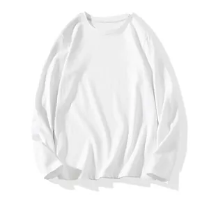 Detailed front view of a premium plain white 220g long-sleeved crewneck t-shirt for men